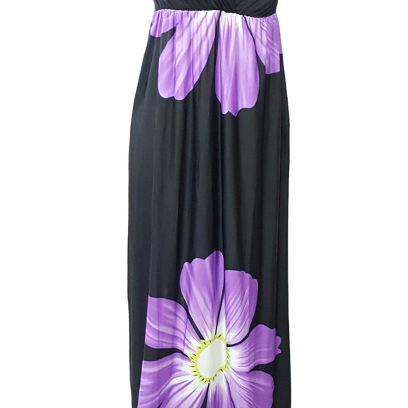 Maxi Dress Black Large Purple Flower Print Stretchy Boho - Picture 2 of 8